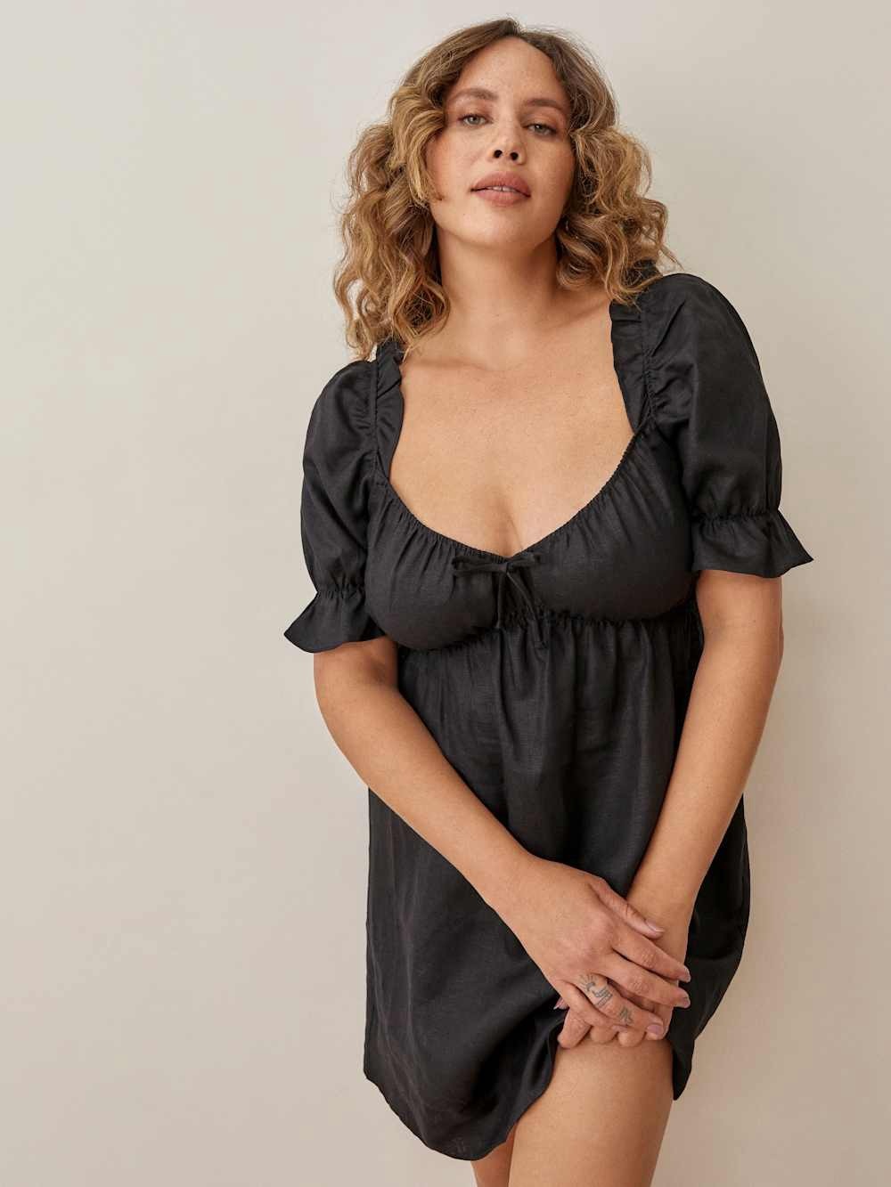 Reformation Channa Mini Dress Black 100% Linen Babydoll Coquette